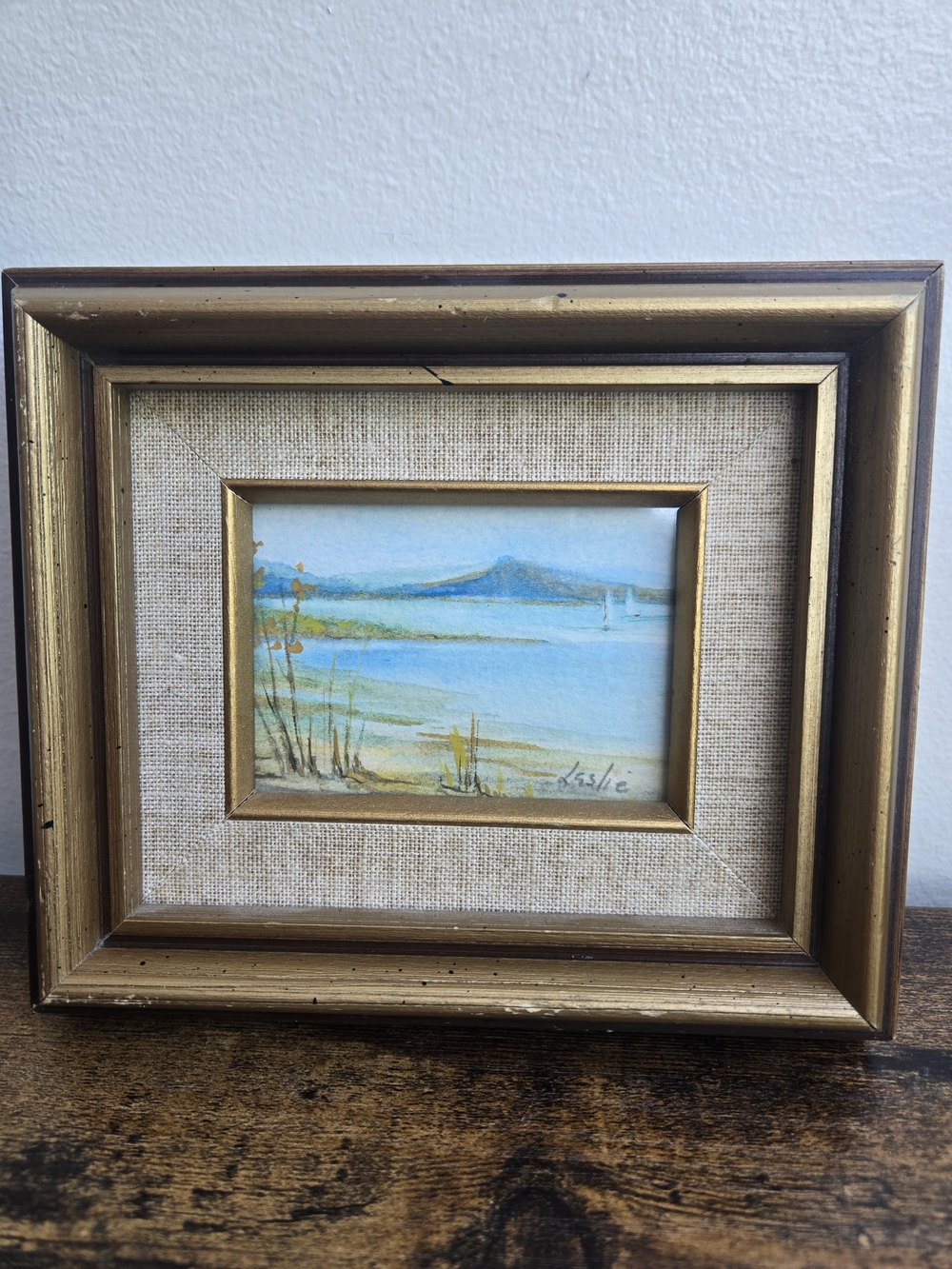 Signed Leslie Vintage Mini Coastal Watercolor in Gold Frame 4"H X 3"W